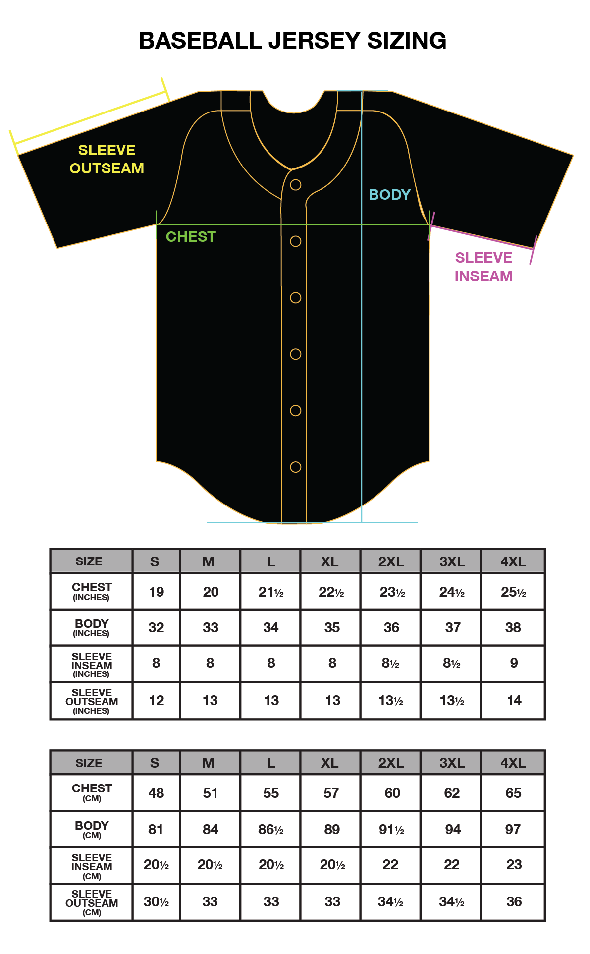 Baseball Jersey - Size Chart – Chalk Line Apparel