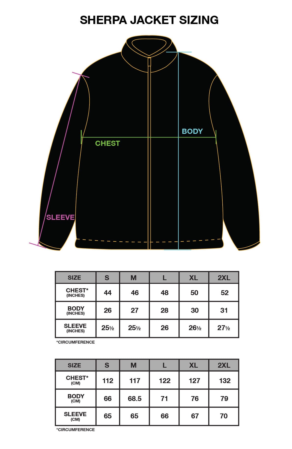 Sherpa Jacket - Size Chart – Chalk Line Apparel