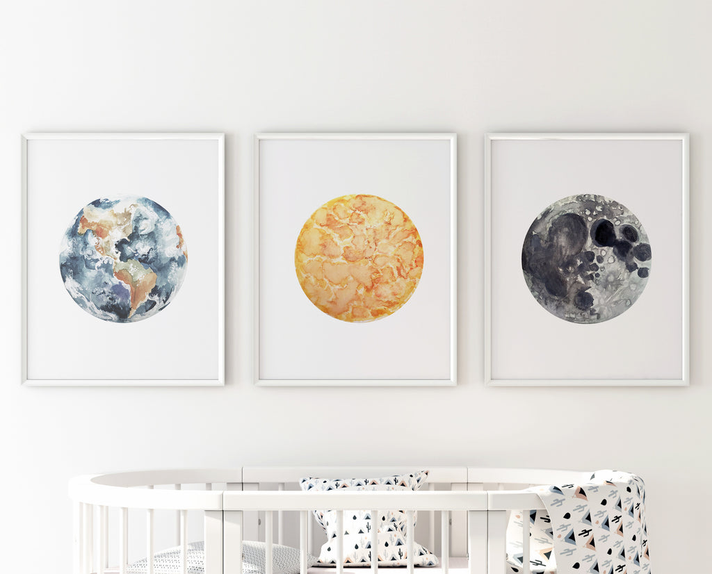 Three print gallery wall sun moon earth