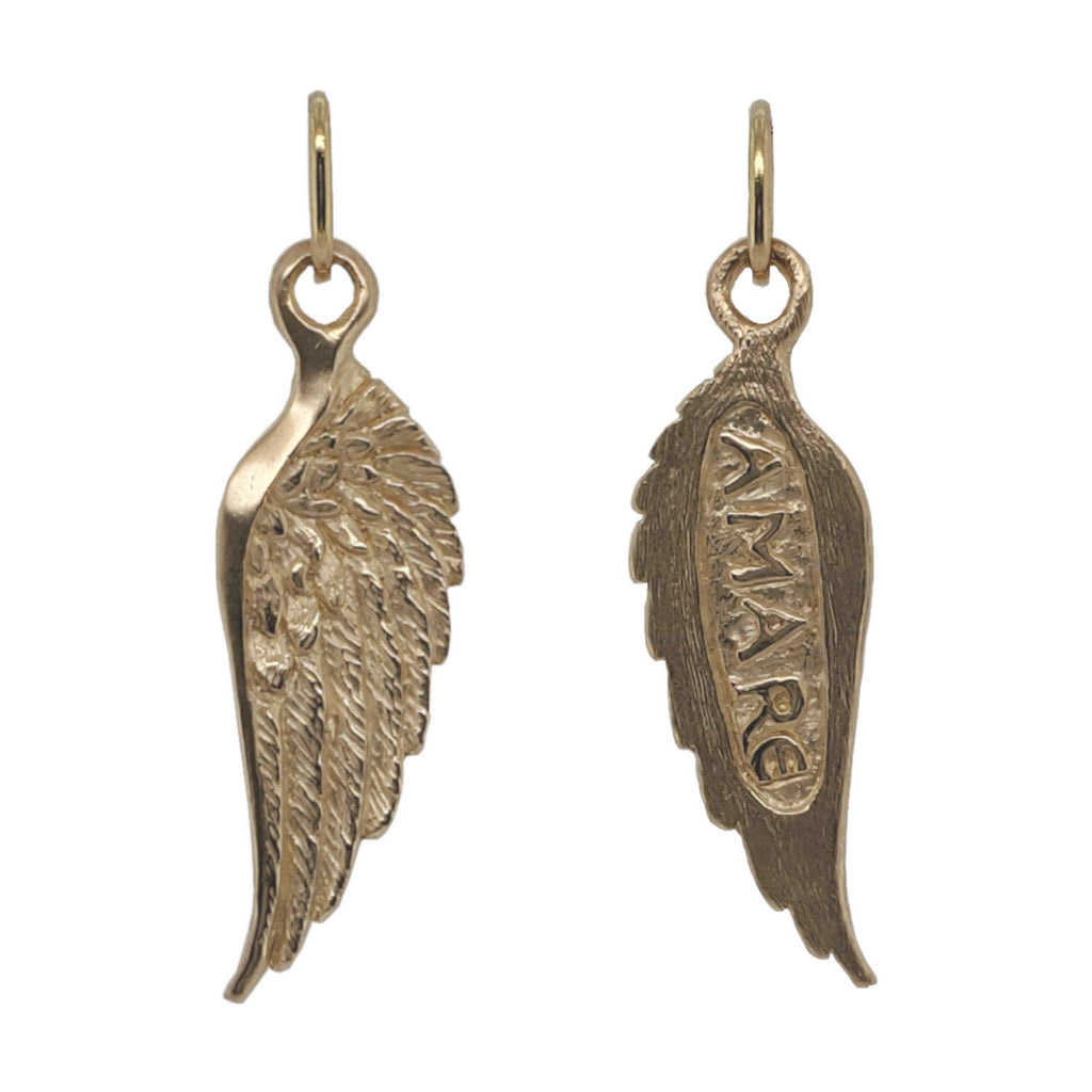large feathered double sided wing shown in 14k gold reads "love" #co64-1