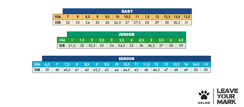 Kelme Sizing Chart, Keleme Size Chart, Kelme Footwear, Kelme Shoes