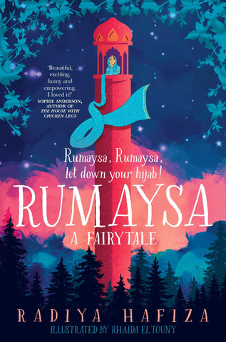 Book cover for Rumaysa: A Fairytale by Radiya Hafiza. Image shows a tall red tower in the middle of a forest, with a sky darkening from pink to dark blue in the background. From a window in the top of the tower is a young Muslim child wearing a light blue hijab, the tail of the hijab floating in the breeze.