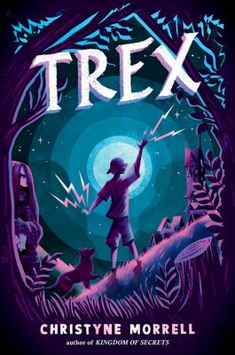 Book cover for Trex By Christyne Morrell. Image shows the silhouette of a figure walking across a fallen log as sparks shoot out of their fingers. Behind the figure is a dog. The figure, dog, log, and other elements of the foreground are in shades of purple, while the far background is in various shades of blue and teal.