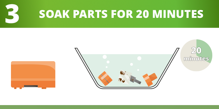 soak tank parts for at least 20 minutes