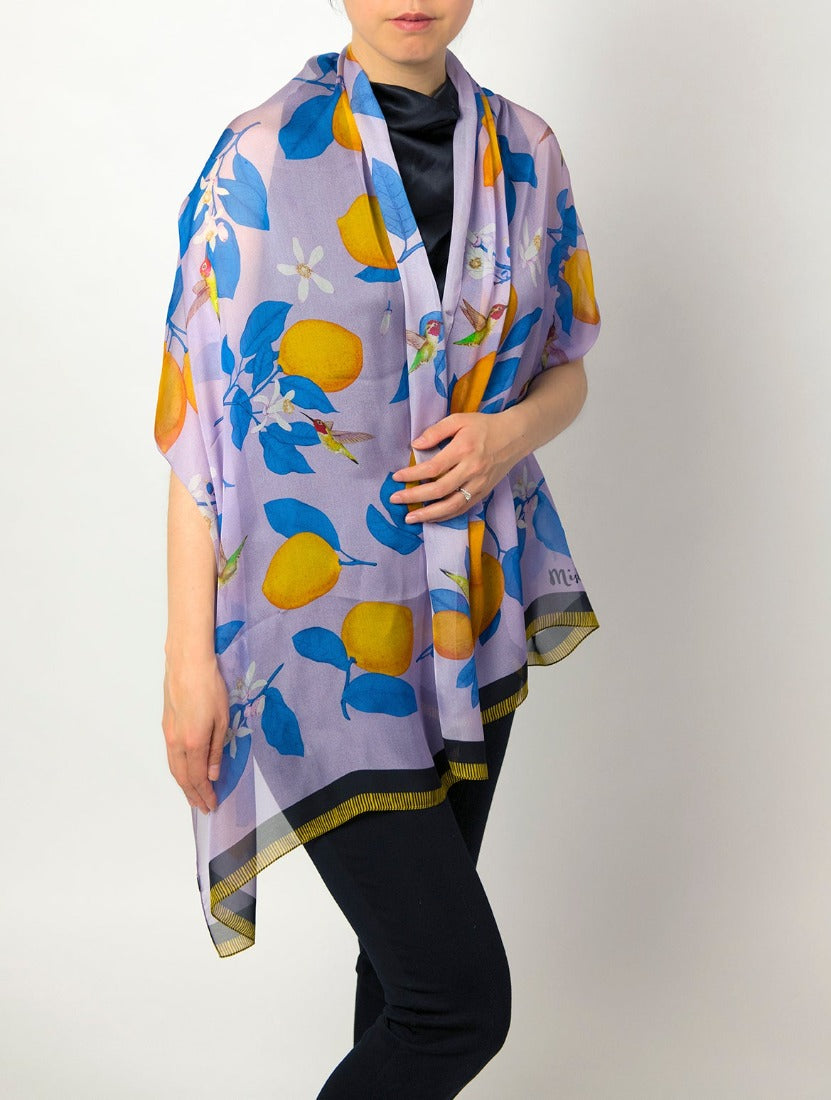 Hummingbirds and Lemons Silk Scarf Shawl – Misheo