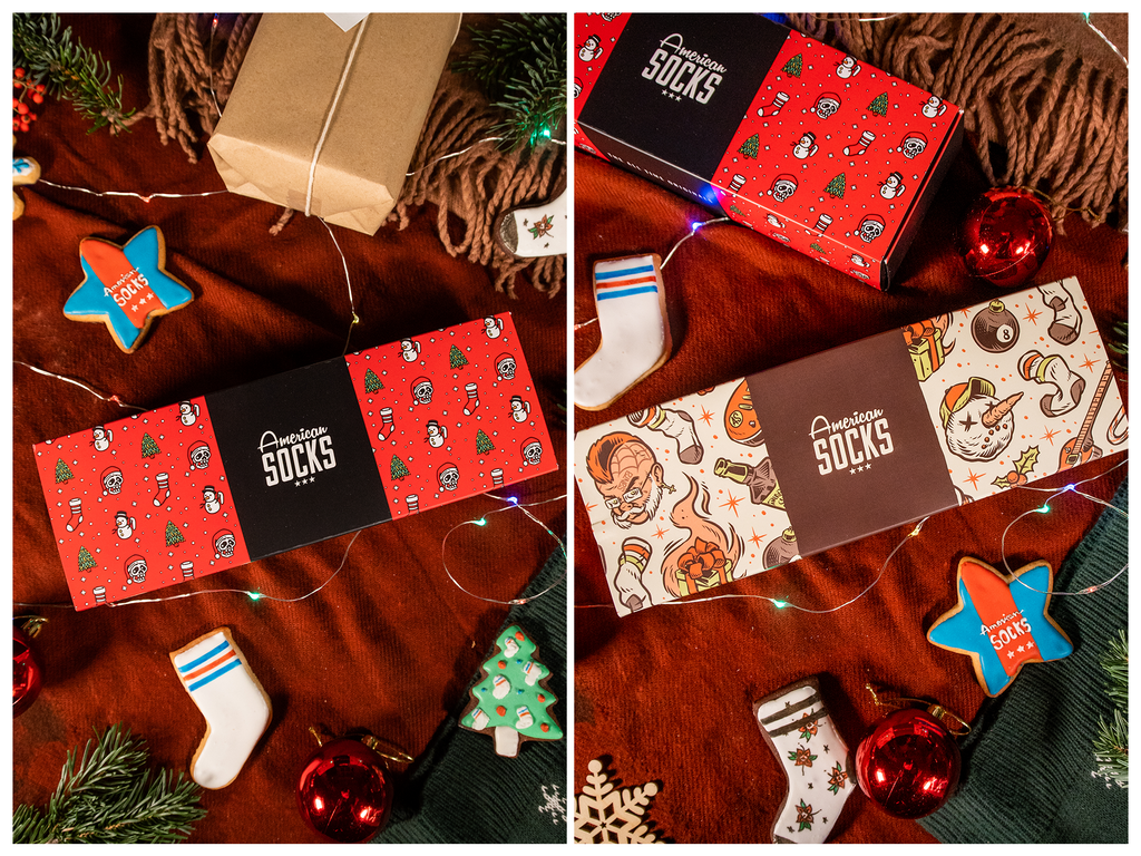 product photography of the two American Socks Christmas Giftboxes