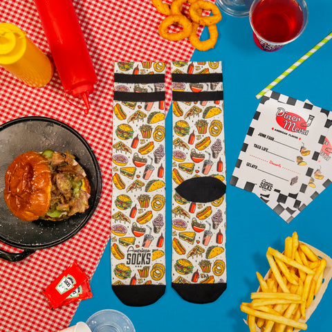 junk food socks with food on a restaurant table 