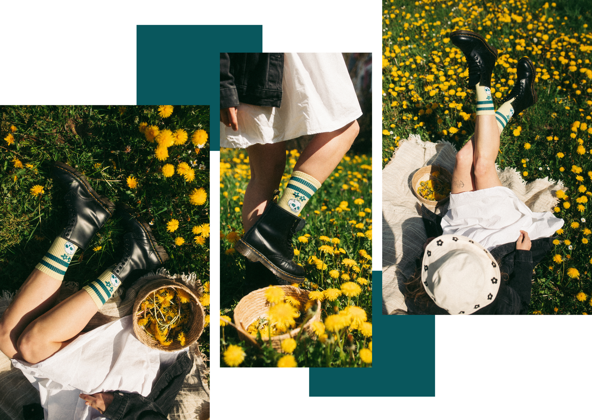 girl wearing american socks mid high in a daisies field