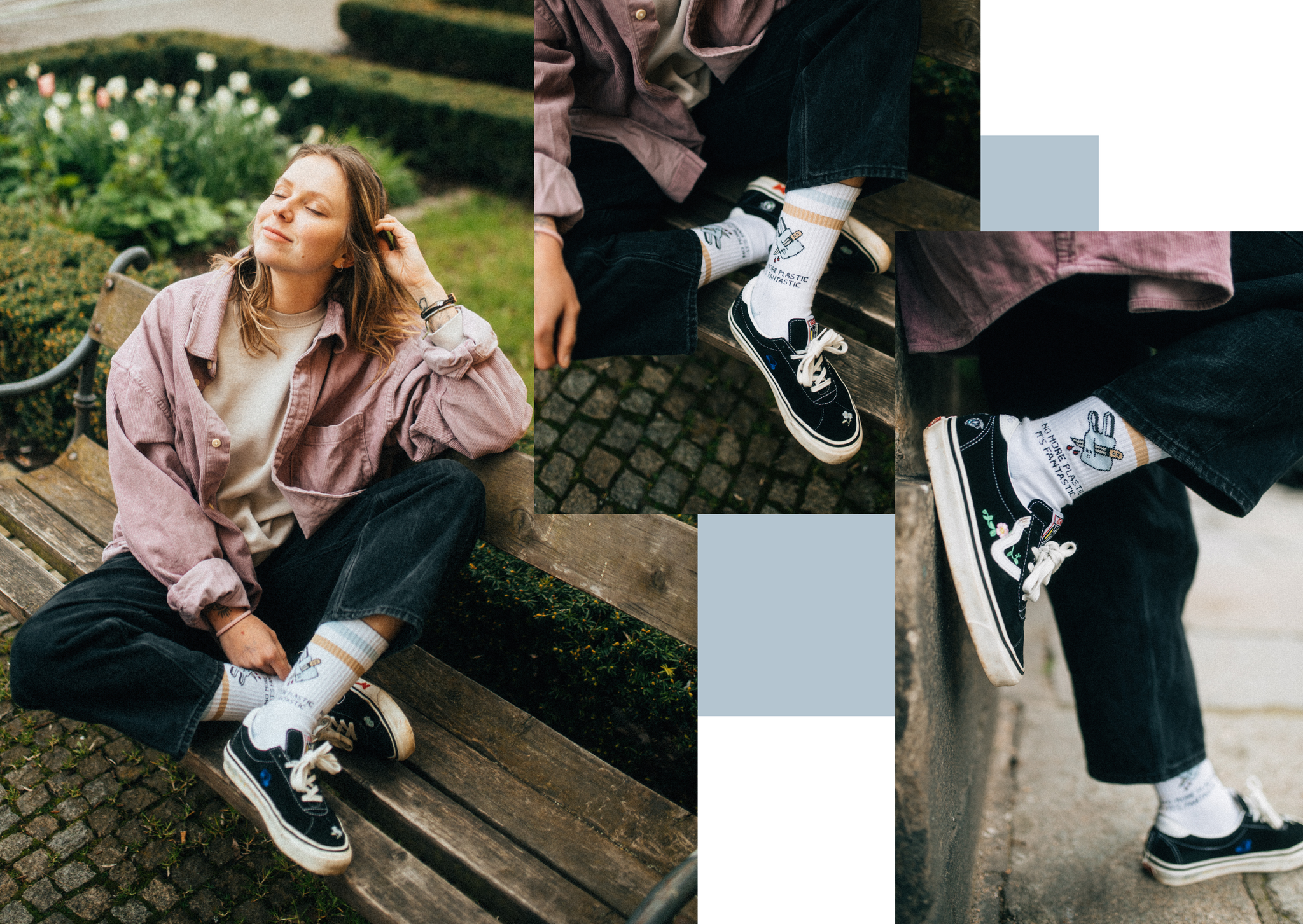 Girl wearing new season of American Socks in a garden