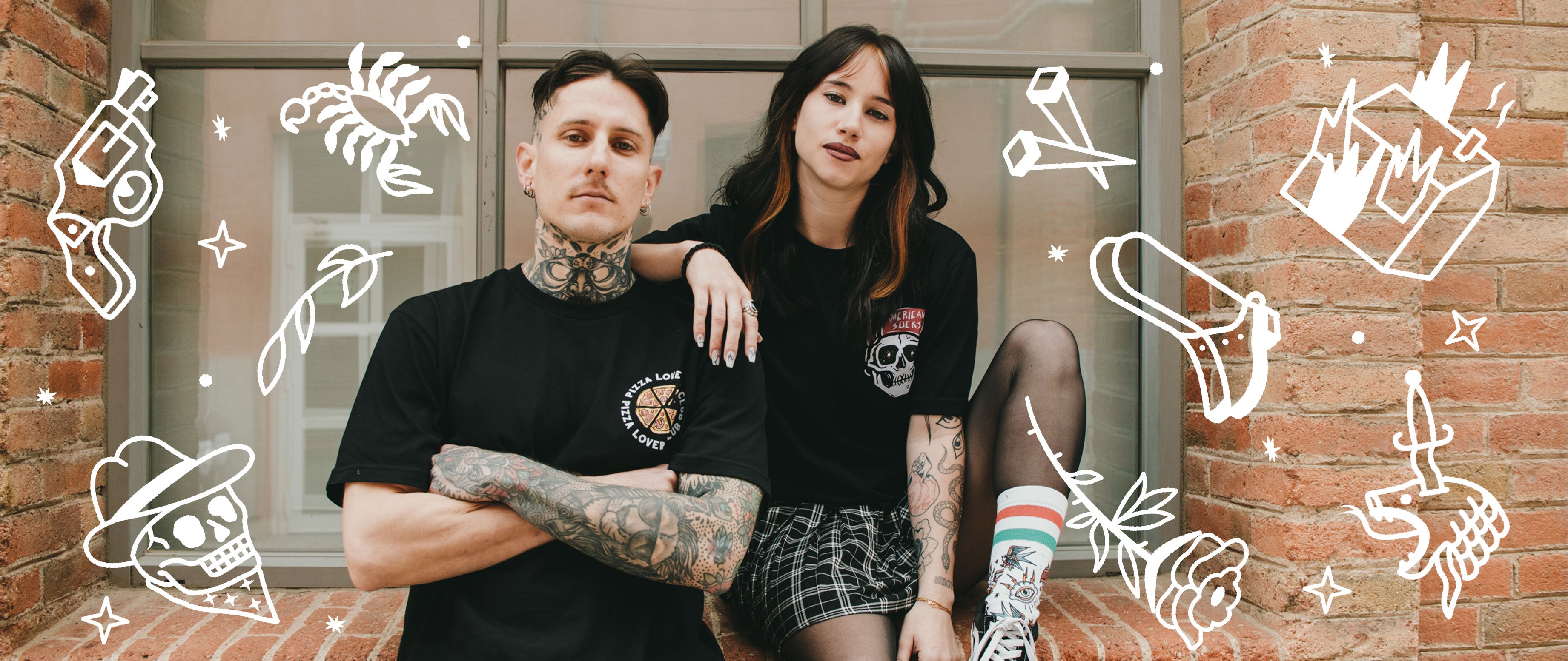 man and woman wearing american socks t-shirts