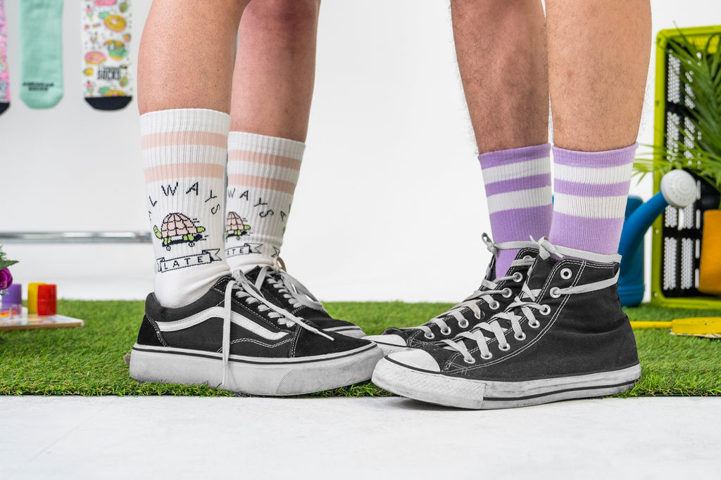 girl and guy wearing american socks 