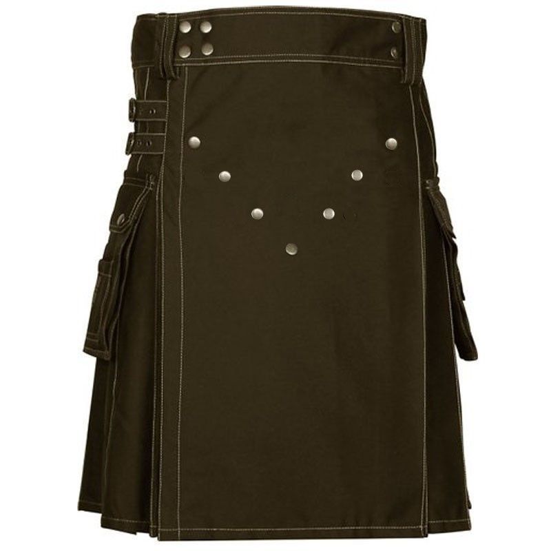 Front Buttons Cargo Pockets Chocolate Brown Cotton Utility Kilt | Lit ...