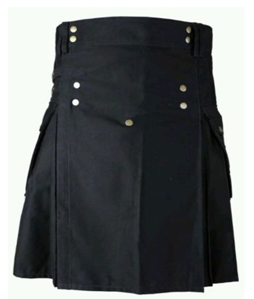 New Men's Black Cotton Front Buttons Utility Kilt | Lit Like LUMA