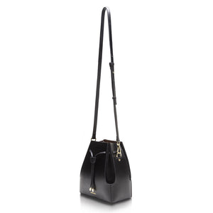 black leather bucket bag red interior