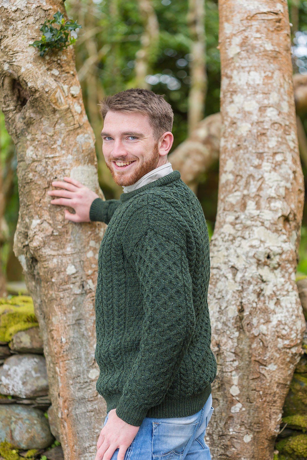 Aran Wool Sweater Mens - Pine Green (C1949)