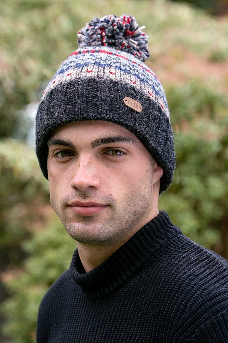 Erin Men's Fair Isle Bobble Hat - Charcoal/Red