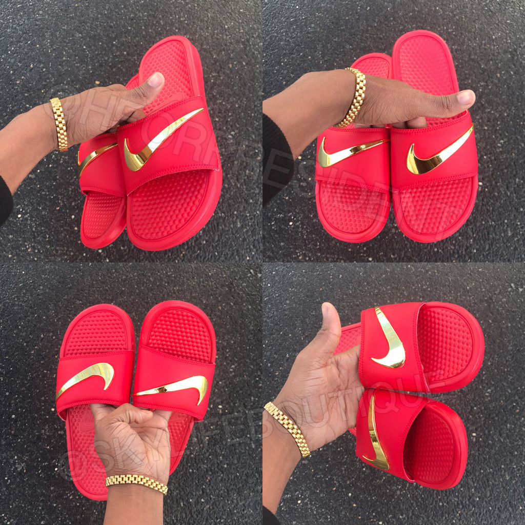 burgundy nike sandals with gold