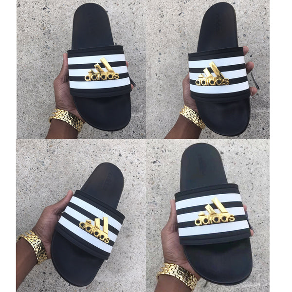 nike slides blue with gold check