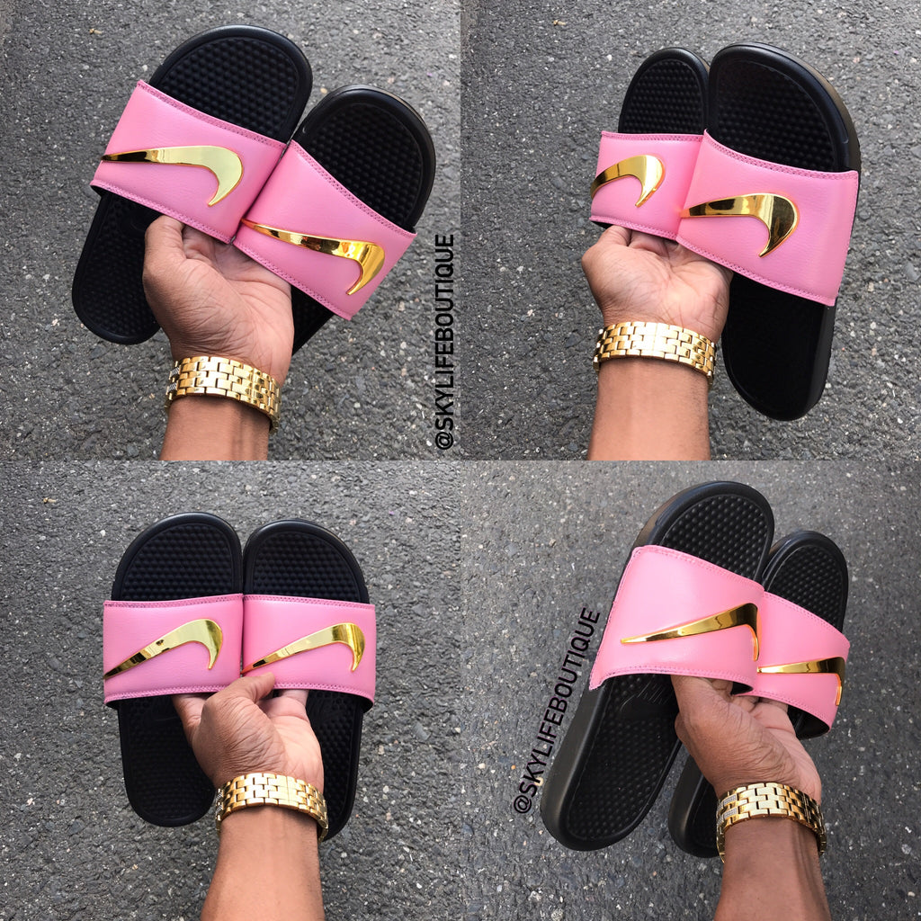 red nike slides with gold swoosh
