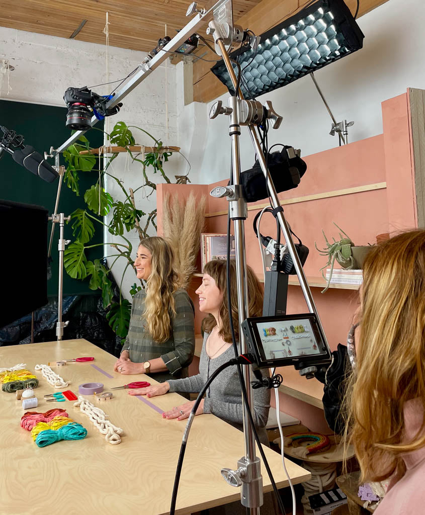 Emily Katz and Elspeth Vance filming for the Modern Macramé Craft Club