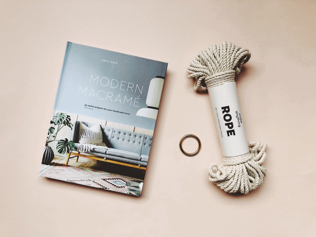modern macrame book, rope, and brass ring diy gift ideas