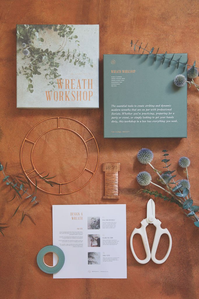 Wreath making kit with scissors, brass hoops, and tutorials