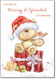 Nanny & Grandad Christmas Card Cute Bear on Parcel