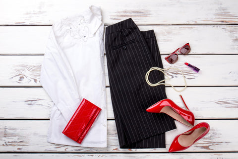 Closet Clarity Step 4 Create a Lookbook - Button Down Blouse, Black Slacks, Red High Heels, Red Wallet, Pearl Necklace, Sunglasses, Red Lipstick