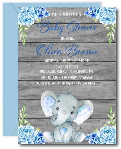 Blue Elephant Baby Shower Invitations