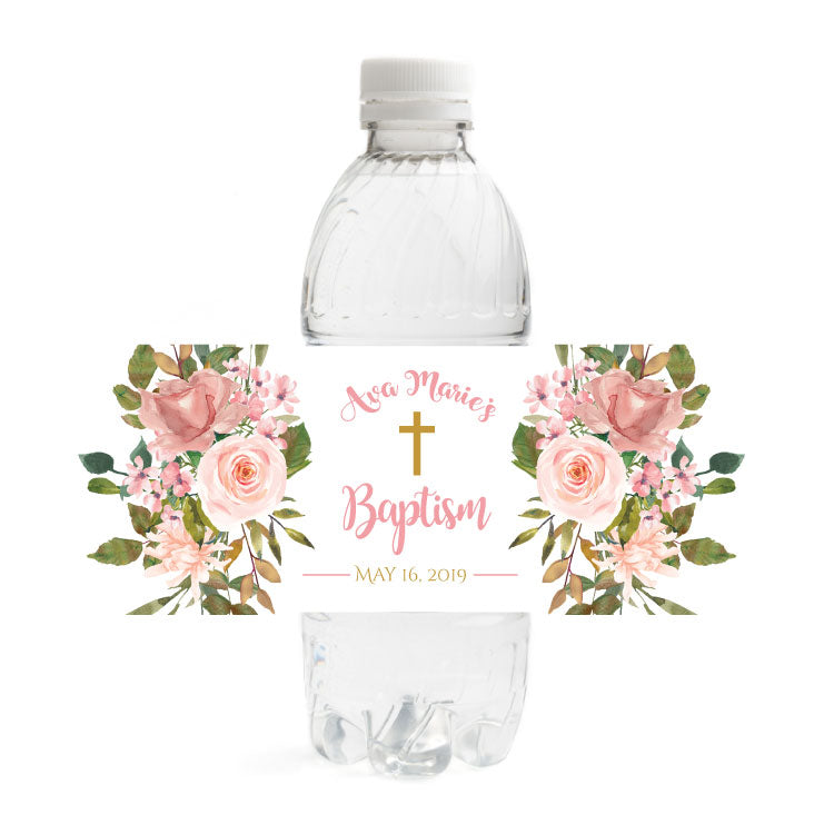 floral baptism water bottle labels announce it