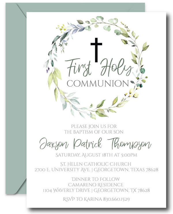 Greenery First Communion Invitations - Announce It!