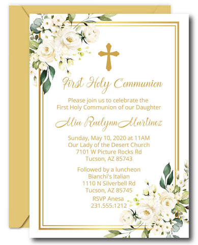 White Floral First Communion Invitations