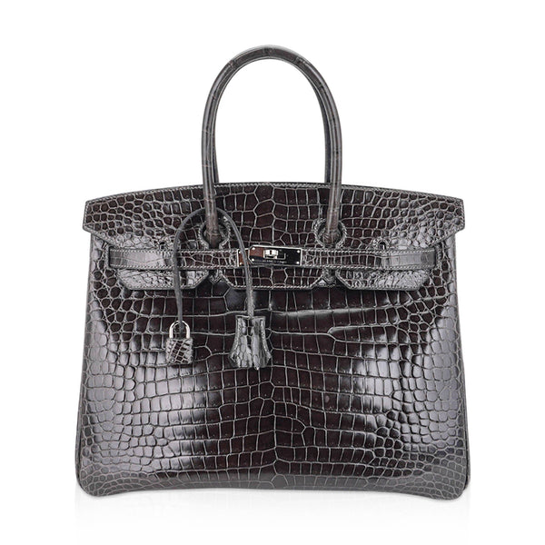 Hermes Birkin 35 Bag Diamond Bordeaux Porosus Crocodile with White