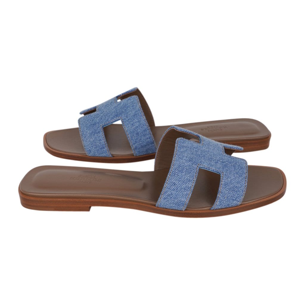 Hermes Oran Denim Sandal Limited Edition Flat Shoes 38 / 8 New w/Box ...