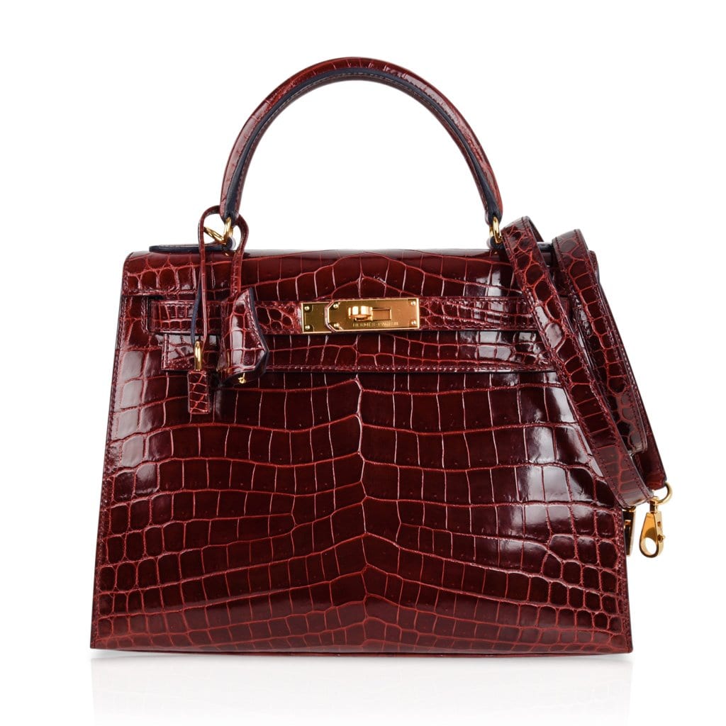 Hermes Kelly 28 Bag Sellier Bourgogne Red Navy Contour Crocodile Gold ...