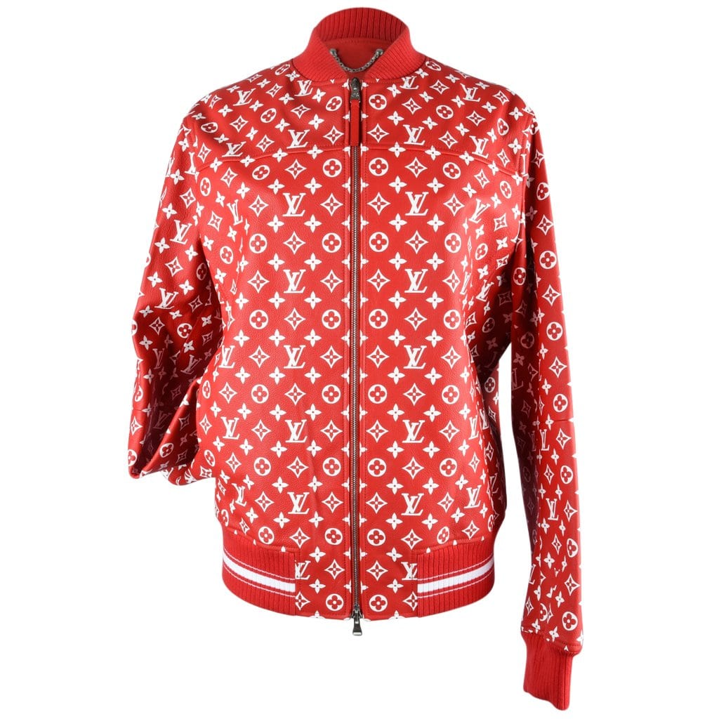 supreme x louis vuitton leather baseball jacket red