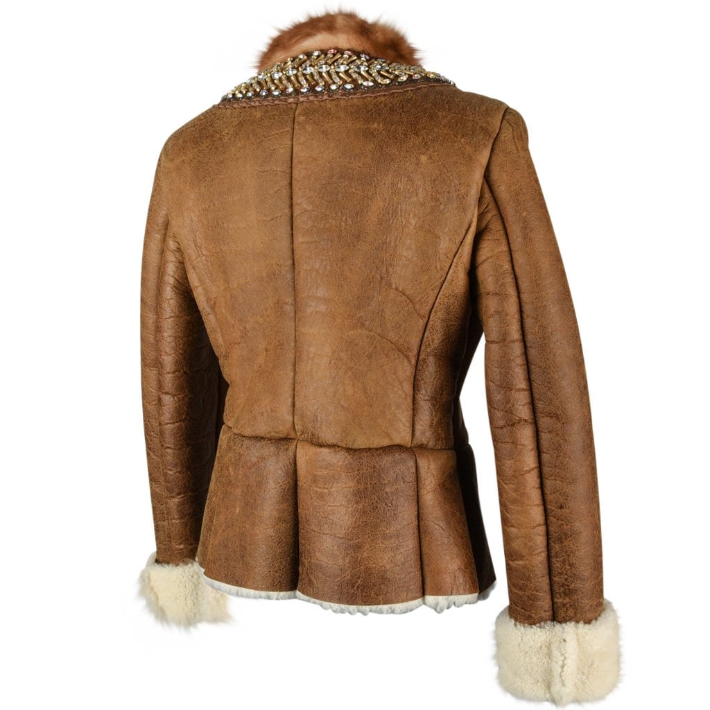 Prada Jacket Distressed Shearling Mink Trim and Jeweled Collar 40