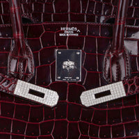 Hermes Birkin 35 Diamond Bordeaux Porosus Crocodile Bag White Gold Hardware