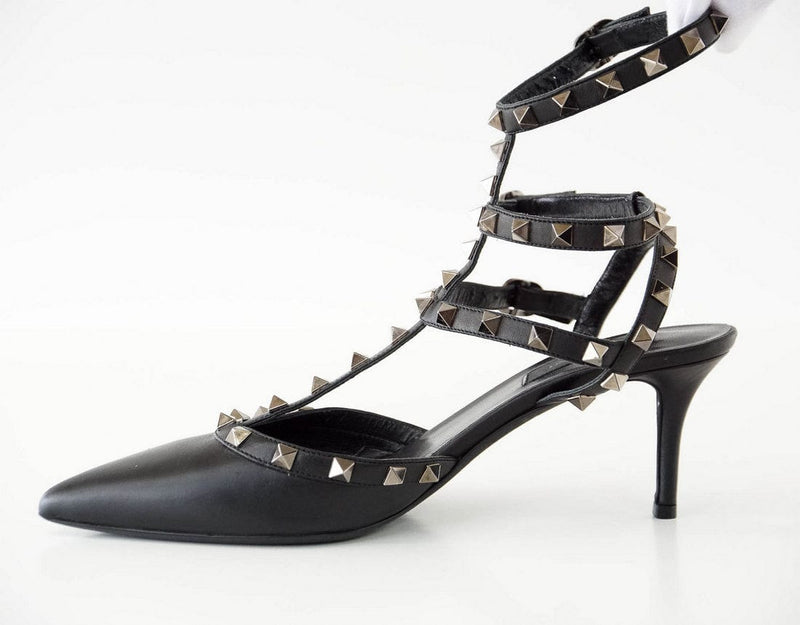 Valentino Shoe Black Triple Rockstud Ankle Straps 39 / 9 – Mightychic