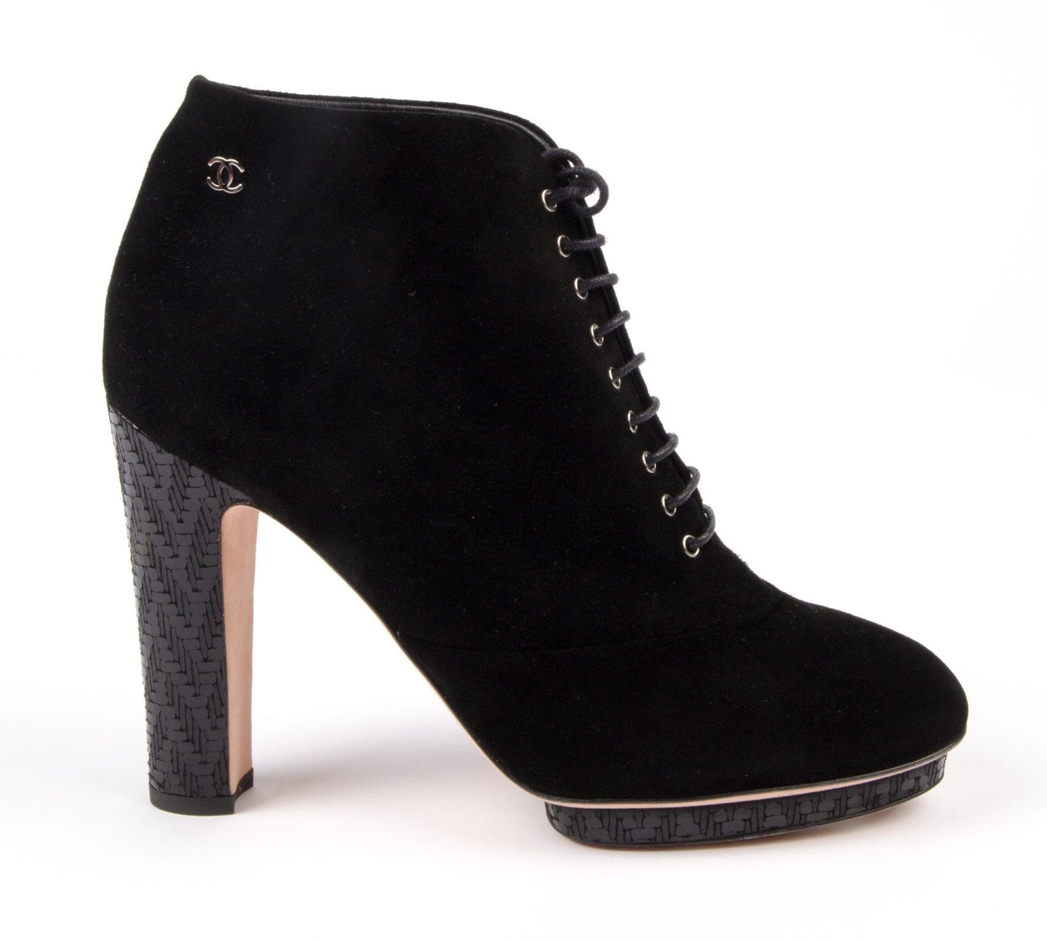Chanel Boot / Bootie Black Suede Lace Up Blue Leather Deco Heel and Pl ...