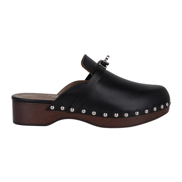 New Auth! CHANEL wooden clogs leather mules Sz 36