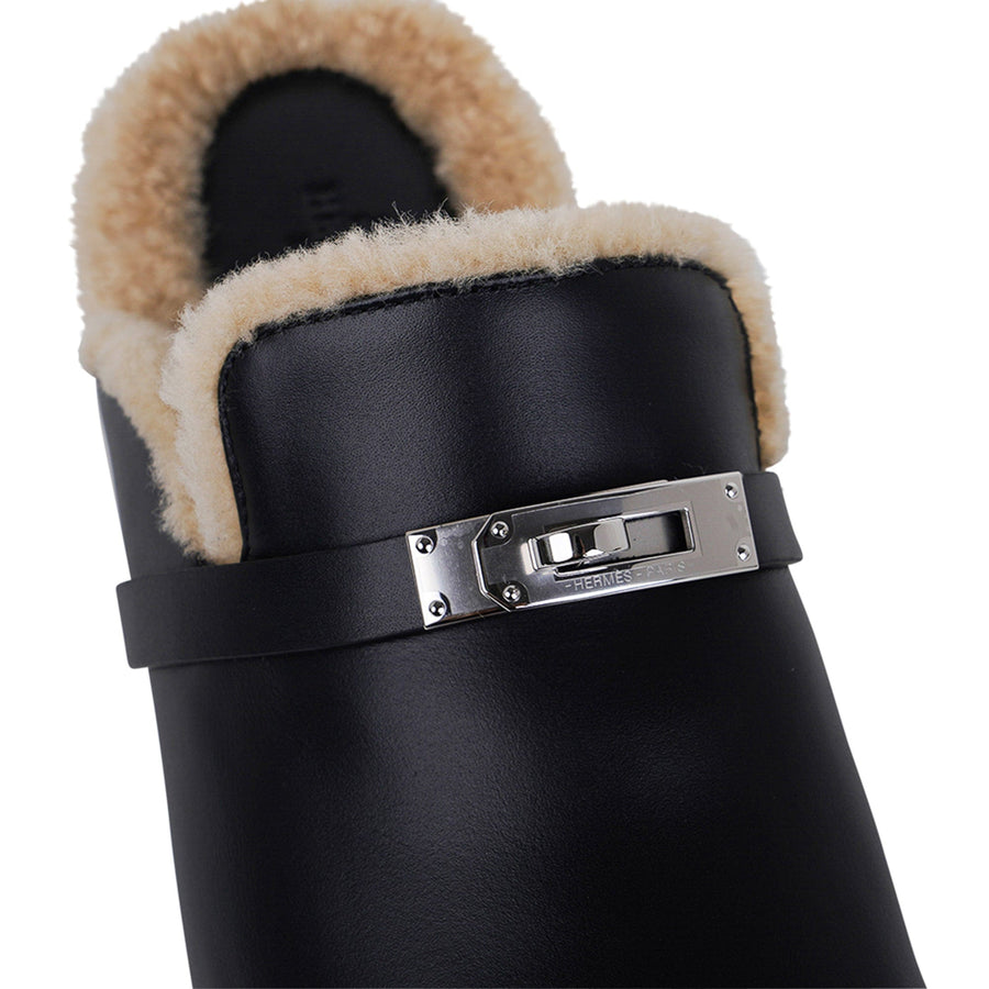 Hermes Carlotta Mules Black Calfskin / Shearling Palladium Kelly Buckl ...