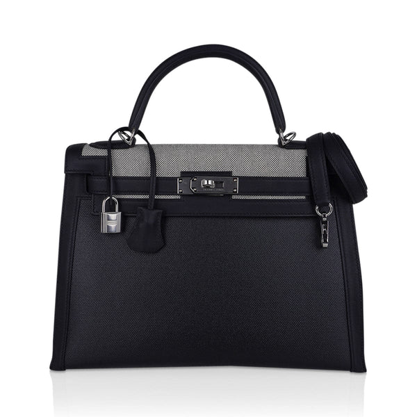 Hermes Kelly 25 Sellier Quadrille Viking Toile Black & White Bag