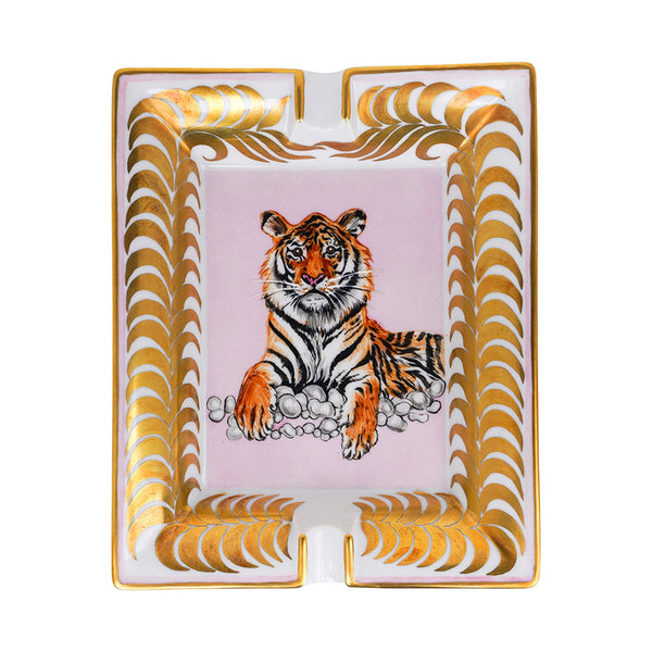 Hermes Tigre en Miroir Ashtray Limoges Porcelain Gold Edge