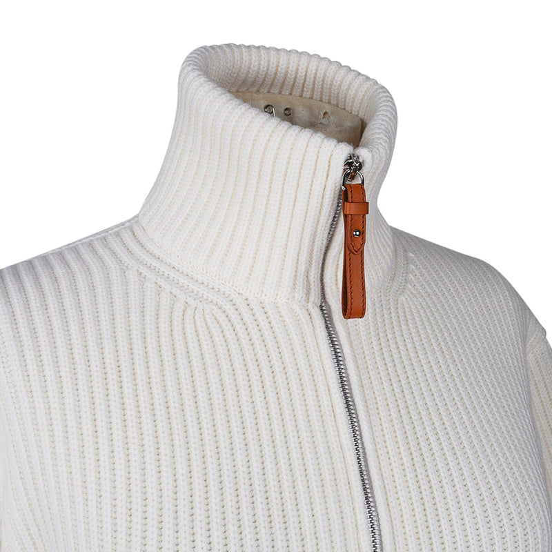 Hermes Cardigan Zip Winter White Sweater Brown Leather H 36