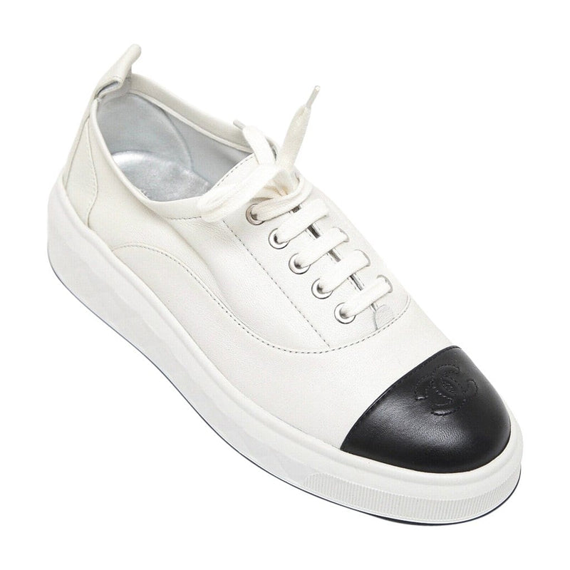 Chanel Sneakers White w/ Black Leather CC To Cap 38 / 8 New w/ – Mightychic