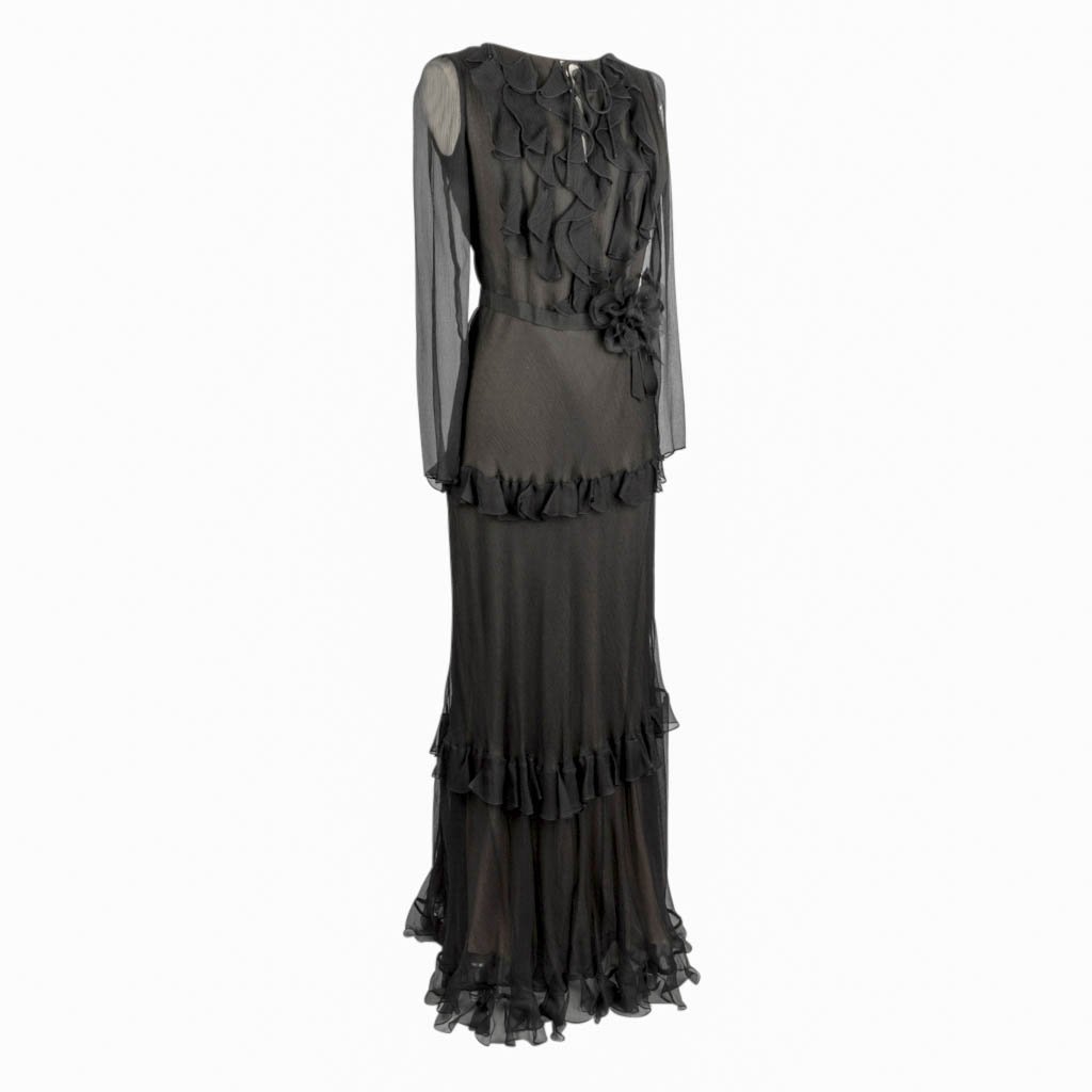 Oscar de la Renta Vintage Black Silk Chiffon Ruffle Dress Size 12 fits ...