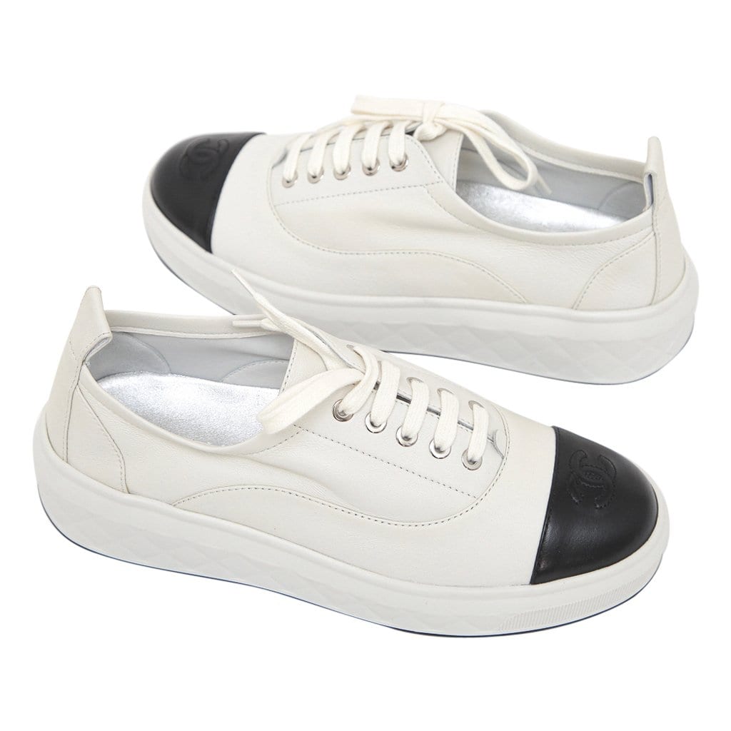 Chanel Sneakers White w/ Black Leather CC To Cap 38 / 8 New w/ – Mightychic