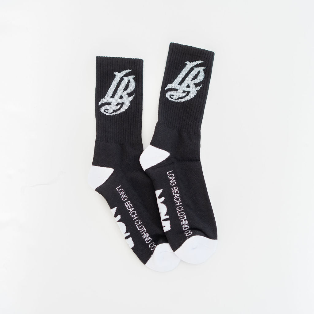 20th Anniversary Cursive LB Black & Metallic Silver Long Beach Socks ...