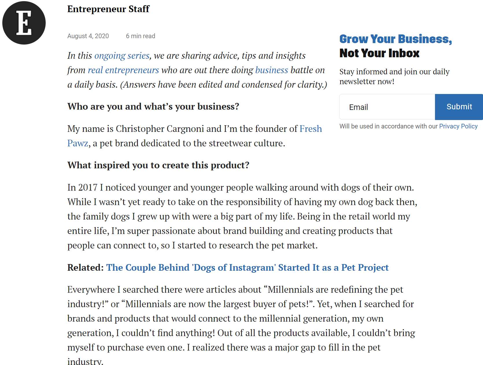 Excerpt of Freshpawz Entrepreneur Feature